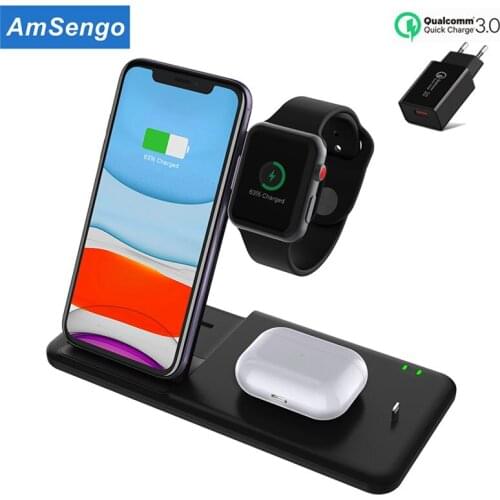 15W Qi Fast Wireless Charger Stand For iPhone 12/11/XR Apple Watch 4 in 1 Foldable Charging Dock Station for Airpods Pro iWatch