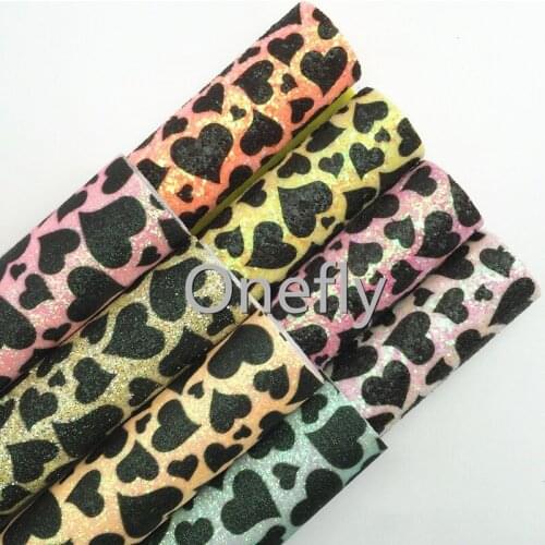 Onefly Chunky Glitter Leather, Valentines Black Hearts Printed on Glitter Fabric Sheets For Bow DIY handbags shoes FZ003