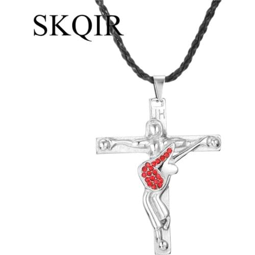 Johnny Hallyday Red Black Stone Guitar Cross Pendant Necklace Men Jewelry Leather Chain Stainless Steel Christian Crucifix