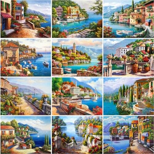 Evershine 5D DIY Diamond Painting Town Full Square Round Diamond Embroidery Seaside Landscape Rhinestone Art Wall Decorations