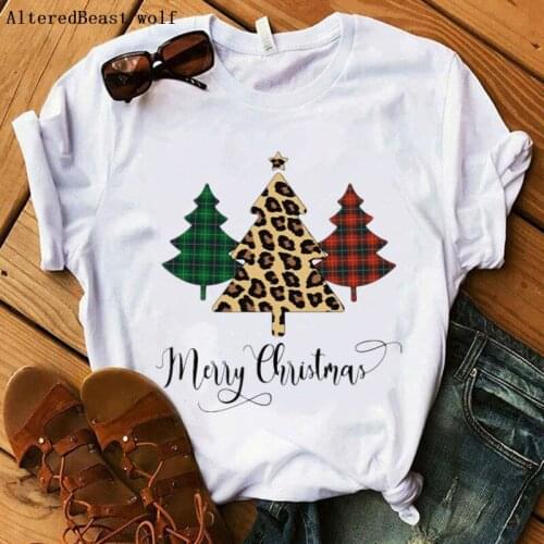 Christmas t shirt Fashion white clothes Women print plaid tree Christmas T Shirt Female casual short sleeve vogue t shirt tops