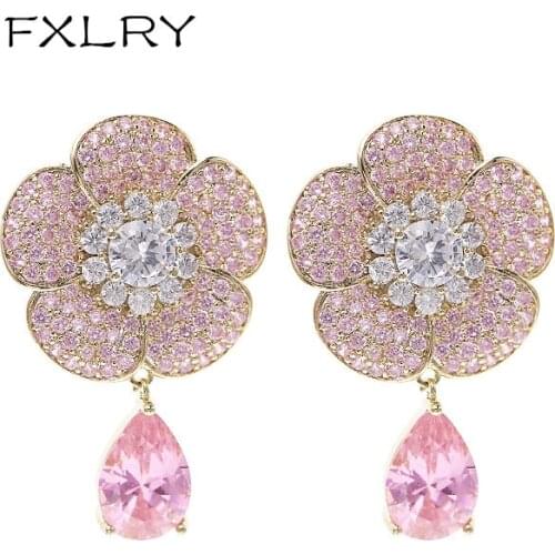 FXLRY fashion sweet micro-inlaid Cubic Zirconia flower earring Pink zircon earring for Women Wedding Party Jewelry