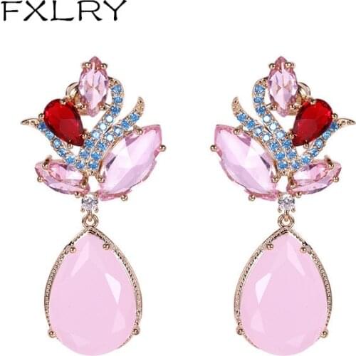 FXLRY Luxury Inlaid Colorful Zircon Exaggerated Personality Flower Earring For Women Jewelry