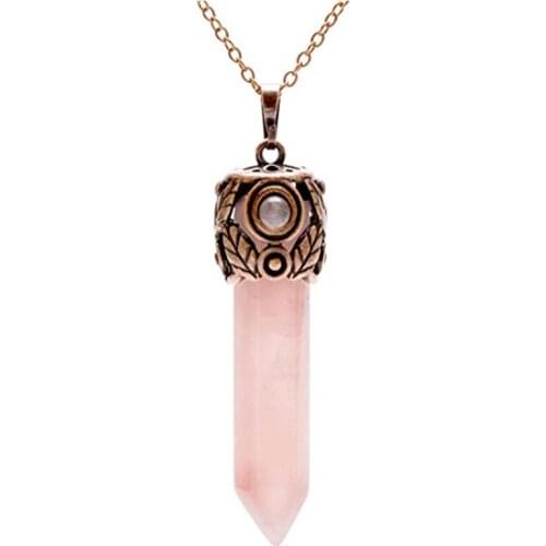FYJS Unique Anniversary Jewelry Copper Plated Hexagon Column Pendant Natural Rose Pink Quartz Necklace