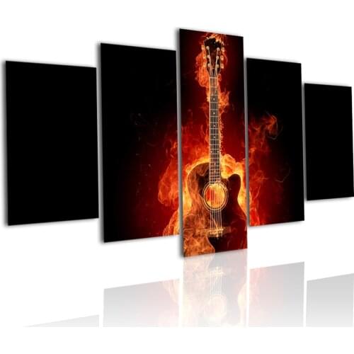 Guitar Fire Modern 5 Panels HD Canvas Painting Posters Wall Art Print Pictures Living Room Interior Home Decoration Frame