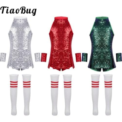 TiaoBug Child Girls Hip-hop Jazz Stage Dance Costume Street Dancing Shiny Sequins Tank Top with Shorts Socks Set Kid Dance Wear