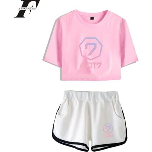 2018 GOT7 two piece set Summer A Suit Shorts And T-shirts Print 2 piece set women men Hip Hop harajuku tracksuit women Clothes