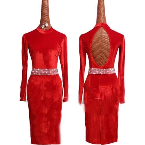 Red Velvet Latin Dance Dress Long Sleeve Latin Ballroom Salsa Dress Rumba Tango Dance Show Stage Costumes BL1412