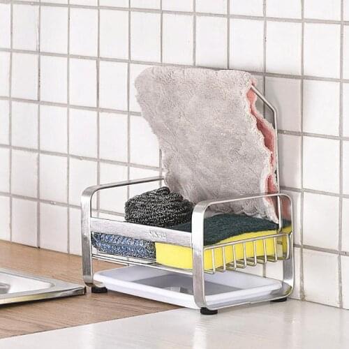 Small Large Stainless Steel Sponge Holder Kitchen Sink Caddy Cleaning Brush Soap Organizer Rack with Drain Tray Hanging Basket