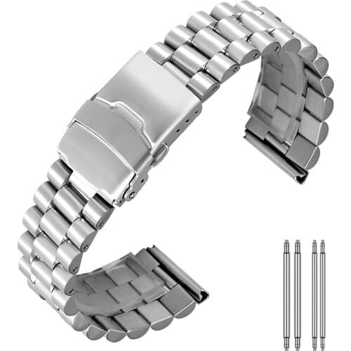 Fashion Stainless Steel Wrist Band Strap 20/22mm Bracelet + 4 Spring Bars Folding Safety Buckle Silver Watchband for Men Women