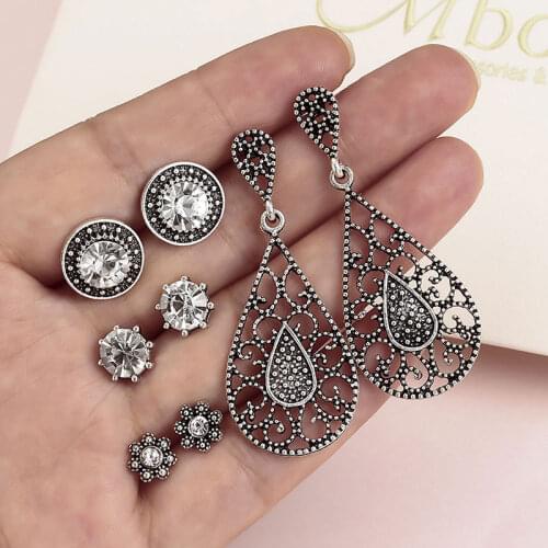 4 Pairs/Set Antique Silver Color Stud Earrings Set Bohemian Vintage Moon Sun Earrings For Women Birthday Gift Ear Jewelry