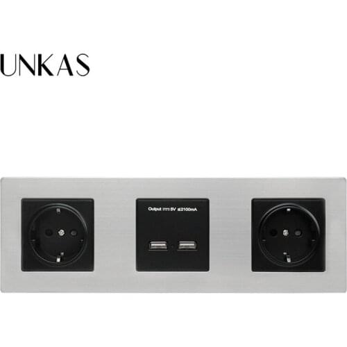 UNKAS Wall Stainless 5V 2A Output Black Steel Panel Double Socket 16A EU Electrical Outlet Dual USB Smart Charging Port