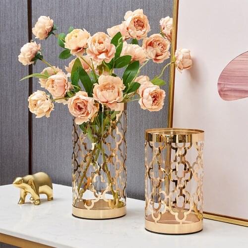Nordic Creative Metal Hollow Transparent Glass Vase Golden Printing Modern Home Living Room Flower Arrangement Decor Ornaments