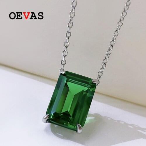 OEVAS 100% 925 Sterling Silver 10*14mm Synthetic Emerald Sapphire Pendant Necklace For Women Sparkling Wedding Fine Jewelry Gift