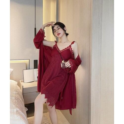 2PCS Pajamas Set Lace Patchwork Women Nighty&Robe Suit Intimate Lingerie Sexy Slip Dress Homewear womens Two Piece Sleep Set