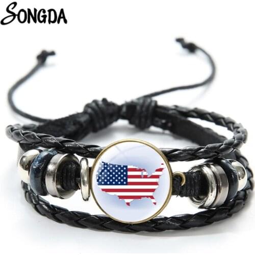 Germany America Russia Flag Map Bracelet Black Punk Braided Leather Bracelets Men Women Jewelry Handmade Gifts Glass Dome