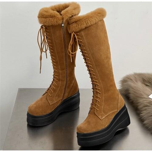 Winter Warm Thigh High Pumps Shoes Women Genuine Leather Wedges High Heel Military Boots Female Lace Up Straps Fashion Sneakers