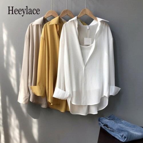 2020 Autumn 2pcs blouse women solid elegant long sleeve shirt blouse and camisole korean office ladies Summer chiffon blouse