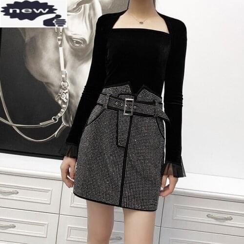 Women Autumn Sheepskin Suede Diamonds Short OL Fashion Natural Leather Sashes A-Line Skirts Streetwear Party Wrap Skirt