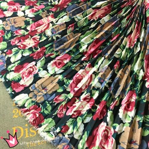 3Metre Lady Style Wrinkle Cloth Black Rose Floral Organ Pleats Pleat Folds Cool Korean Print Chiffon Fabric Pleated Lace Fabrics