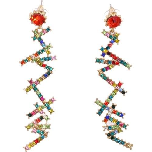 Exaggerated Rainbow Crystal Rhinestone Cross Long Earrings for Women Femme Gold Color Metal Irregular Geometric Drop Earrings