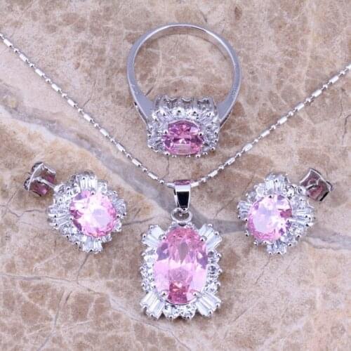Pink White CZ Silver Plated Jewelry Sets Earrings Pendant Ring Size 6 / 7 / 8 / 9 / 10 S0084