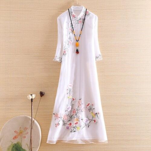 High-end Spring And Summer Organza Women Cheongsam Dress Retro Elegant Embroidery Loose A-line Lady Party Qiapao Dress S-XXL