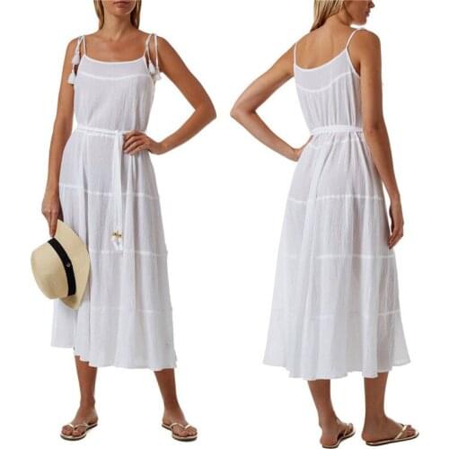 Women Solid Color Maxi Dress Ladies Sleeveless Belted Spaghetti Strap U-shaped Neck Dress Casual Loose Sundress Beach Wear