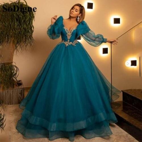 SoDigne Dubai Evening Dresses V Neck Gold Lace Appliques Puff Long Sleeves Arabic Prom Gown Wedding Party Dress
