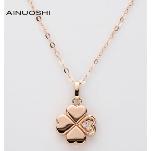 AINUOSHI 18K Rose Gold 0.016ct Real Diamond Classic Clover Heart Pendant Necklace For Women Fashion Cute Jewelry Gift 18