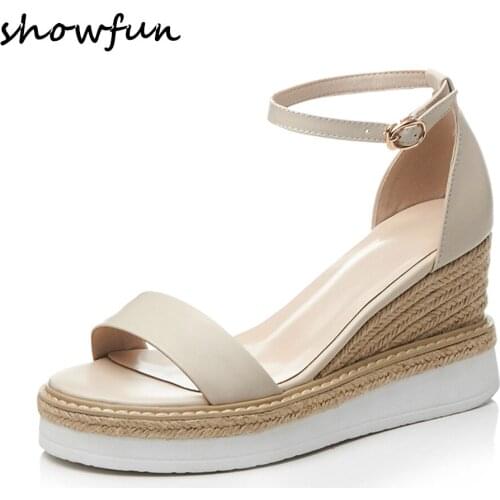 Womens genuine leather wedge platform ankle strap sandals open toe hemp summer elegant ladies bohemia style high heel shoes hot