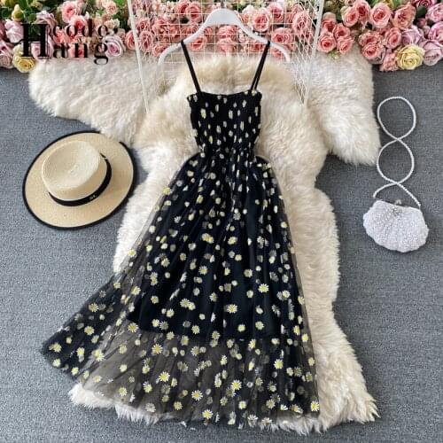 HangCode 2021 Summer Stretchy Folds Spaghetti Strap Dress Korean Fashion Daisy Flower Print Mesh Dress Women Long Beach Dress