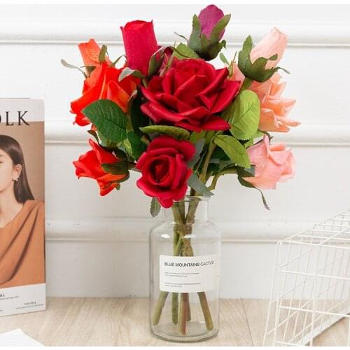 Artificial flowers 37cm real touch rose 3 roses broom as branch high quality bouquet for gifts birthday wedding decoration