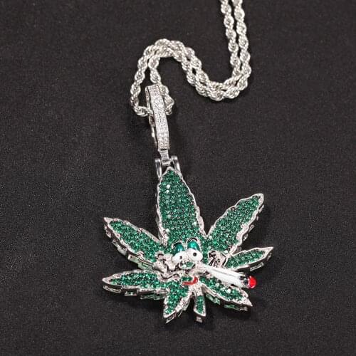 Green Maple Leaf Pendant Ice Out Cubic Zirconia Pendant Bling CZ Charm Hip-hop Fashion Jewelry