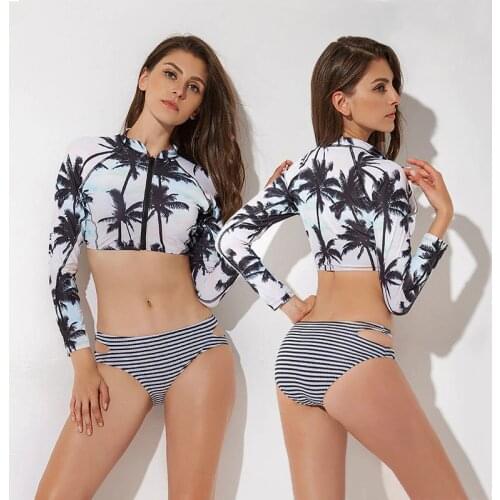 Long Sleeve Swimsuits Rash Guard Women Tankini Crop Top Swim Shirt with Triangle Bikini Bottom Sun Protection Hawaiian Printed