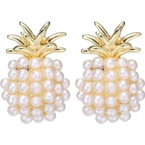 Summer Beach Trendy Simulated Pearl Fruit Stud Earrings for Women Girls Sweet Gold Pineapple Ear Studs Earings Jewelry Gifts
