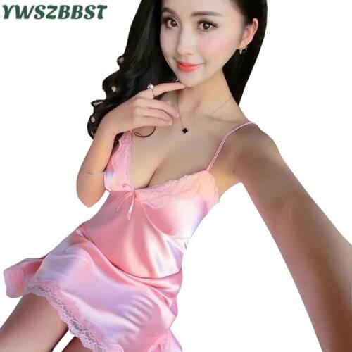 Fashion Women Sexy Nightdress Soft Satin Nighties V-neck Nightgown Summer Nightshirt Lace Sleepwear Nightwear Sling Lingerie