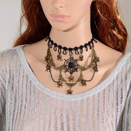 Fashion Metal Choker Collar Jewelry Hot Sale Unique Gothic Black Lace Alloy Statement Spider Chain Pendant Necklace Jewelry