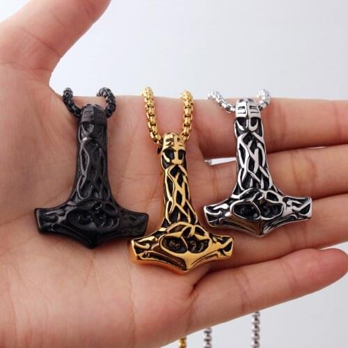 Punk Vintage Stainless Steel Silver Color Black Gold Thors Hammer Viking Amulet Mjolnir Mens Jewelry Cool Pendant Necklace"