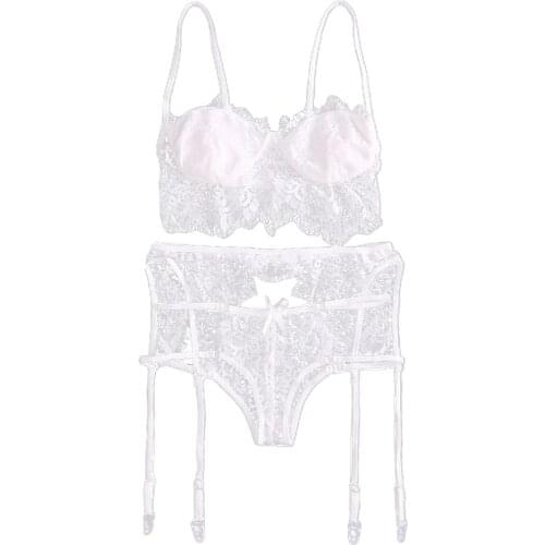 SEXY LADY WHITE LACE 3PCS BRA/GARTER PANTIES G-STRING SET WOMEN LINGERIE