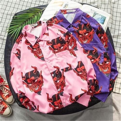 Fashion Devil Print Shirts Men Casual Summer Autumn Shirt Homme Hip Hop Male Harajuku Tops Streetwear Punk Funny Blouse Shirt