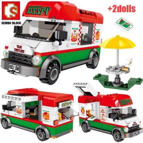 SEMBO Creative City Street View Sanitation Cleaning Vehicle Building Blocks Pizza Takeaway Car Bricks Gifts Toys for Children