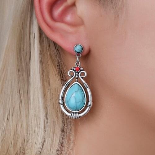 2020 Water drop geometric Antique retro temperament Dangle earrings Blue Stone pendientes mujer Indian Jewelry