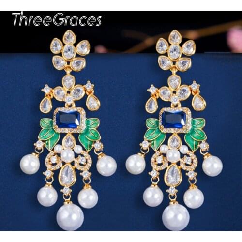ThreeGraces Pearl Flower Leaf Royal Blue Cubic Zirconia Long Dangle Earrings for Women African Dubai Gold Bridal Jewelry ER375