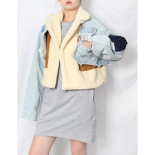 Chic Winter New Notched Collar Patchwork Denim and Faux Cashmere Jacket Short Cool Loose Jacket