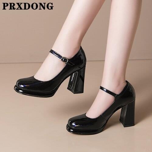 New Brand Genuine Leather High Heels Round Toe Shoes Woman Pumps Spring Summer Mary Janes Dress Party Working Shoes Pumps 34-40
