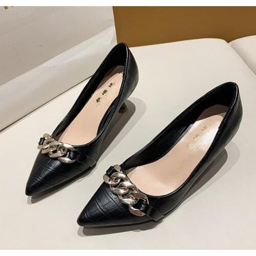 Spring Autumn Woman Pump Chain High Heels Boat Shoes Metal Office Lady Shoe Pointed Toe Dress Shoe Thin Heel zapatos mujer 8691G