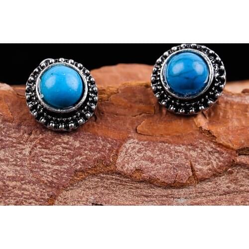Vintage Blue Stone Stud Earrings for Women Ancient Silver Color Earring Statement Party Jewelry Accessories Simple Female Gift