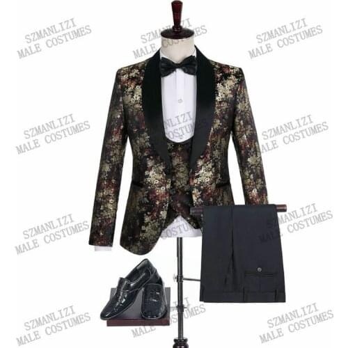 2020 Jacquard Flower Black Costume Slim Fit Double Breasted Vest Formal Prom Male Suit Mens Groom Tuxedos Suit For Wedding