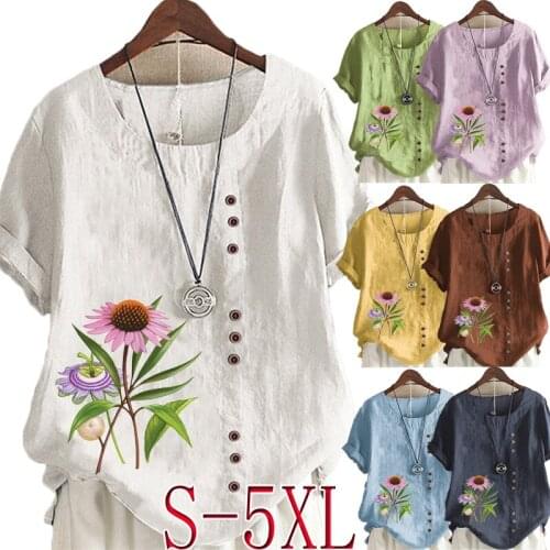 Womens Casual Flowers Printed Linen Tops Round Neck Short Sleeved Plus Size Button T-Shirt Loose Graphic Blouse